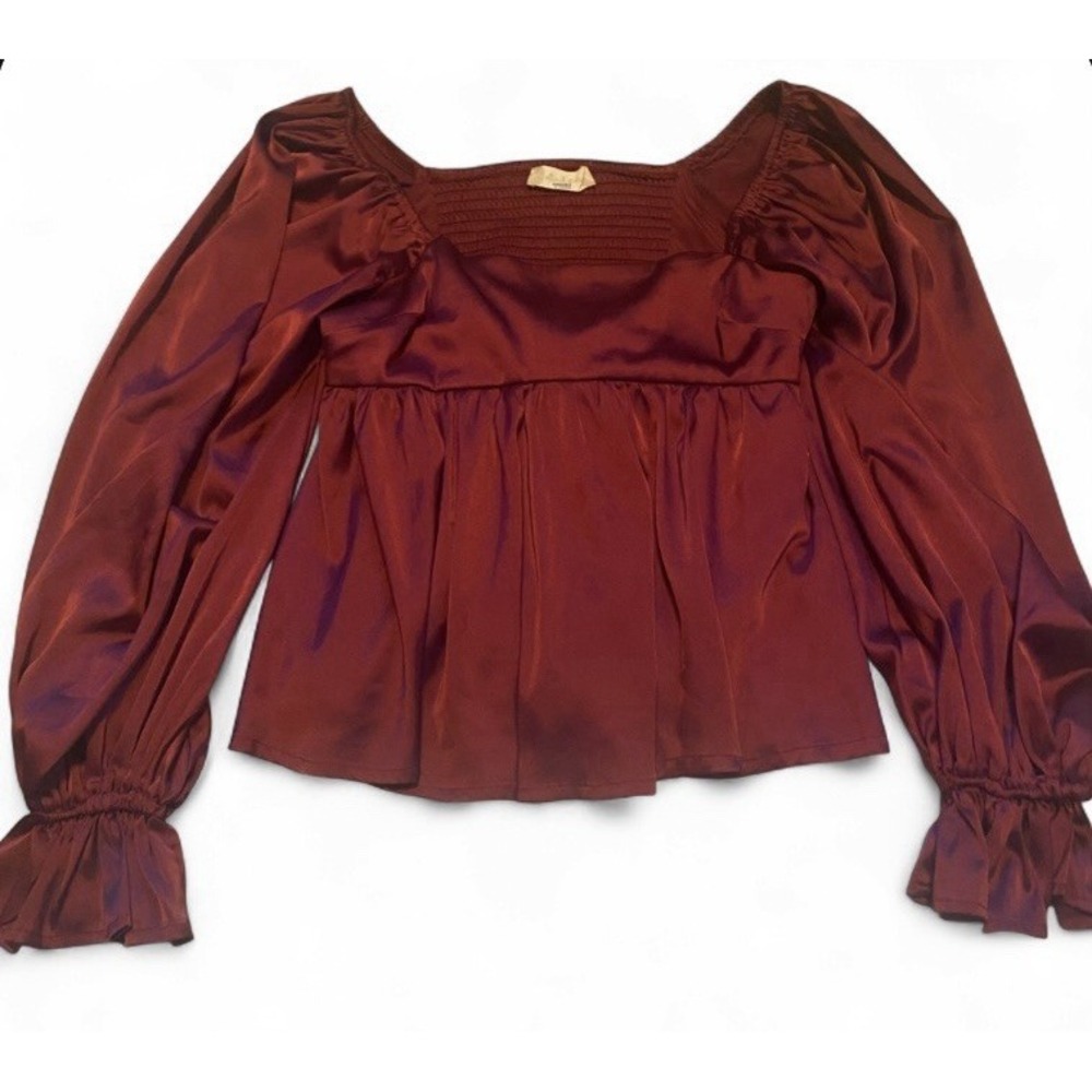 Altar'd State XS Burgundy Babydoll Peplum Top Puff Sleeve Smocked Square Neck